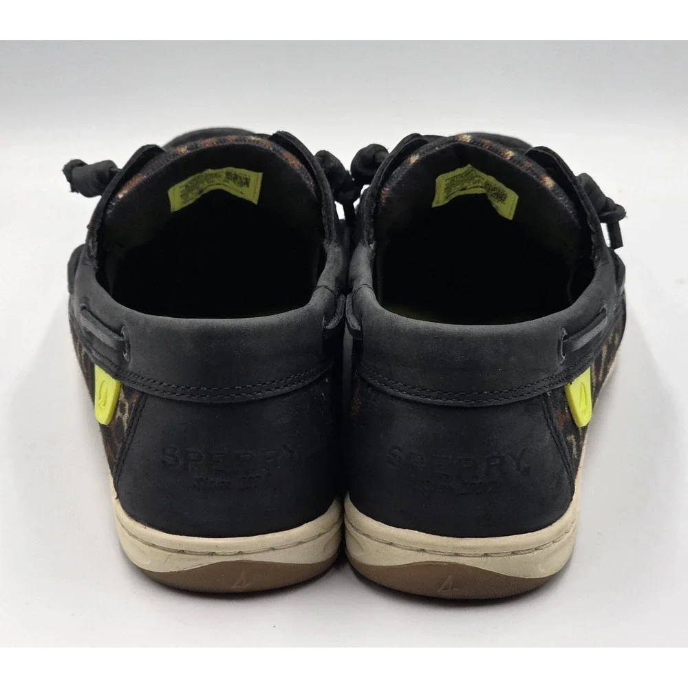 Sperry Songfish Boat Shoes Womens 9.5 Black Leopard Nubuck Leather Lace Up